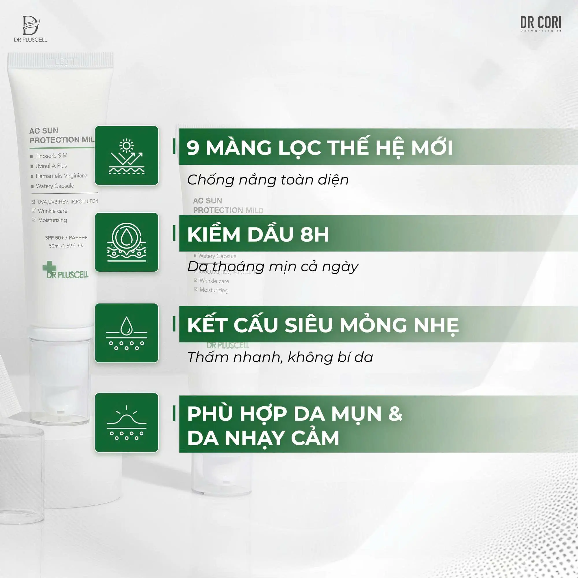 Kem Chống Nắng Dr Pluscell kiềm dầu mỏng nhẹ AC Sun Protection Mild 50ml 3 Kem Chống Nắng Dr Pluscell kiềm dầu mỏng nhẹ AC Sun Protection Mild 50ml - Ảnh 3